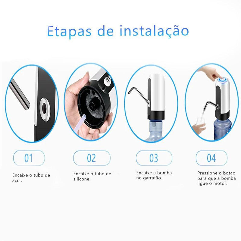 Bomba Elétrica Universal com Carregamento USB para Galão Garrafão de Água Bebedouro Recarregável Galão Preto Branco - Loja Maiora